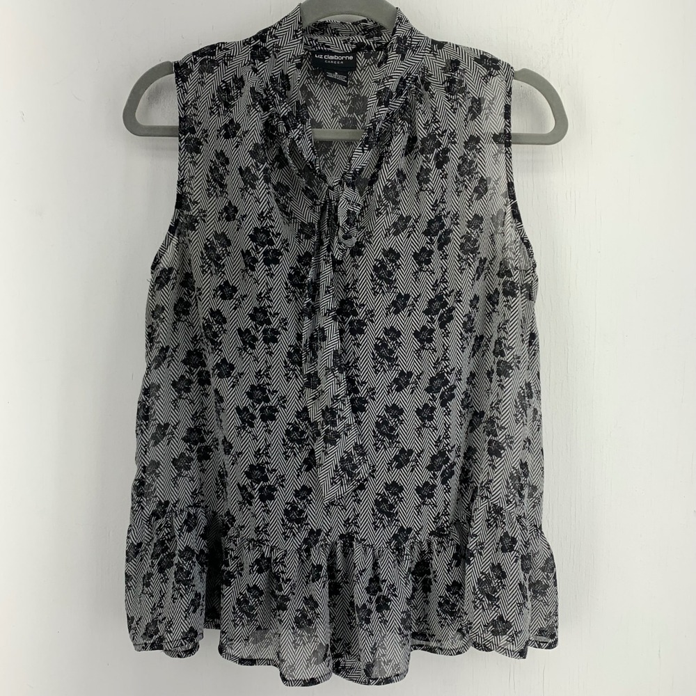 Dark Floral Black White Tie Neck Peplum Blouse Small Whimsigoth Office Business